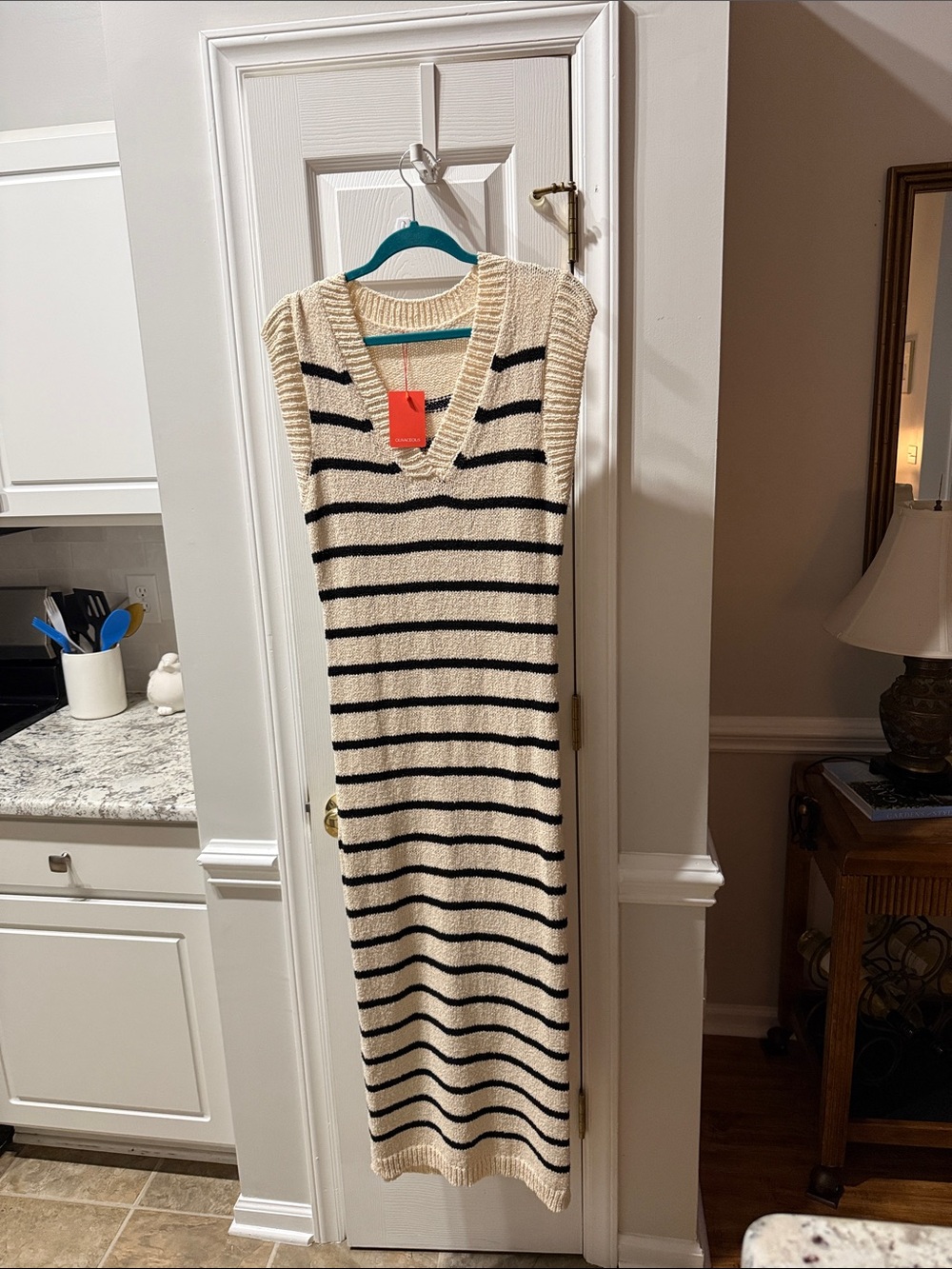 Olivaceous Sleeveless V-Neck Maxi Dress in Cream with Black Stripes